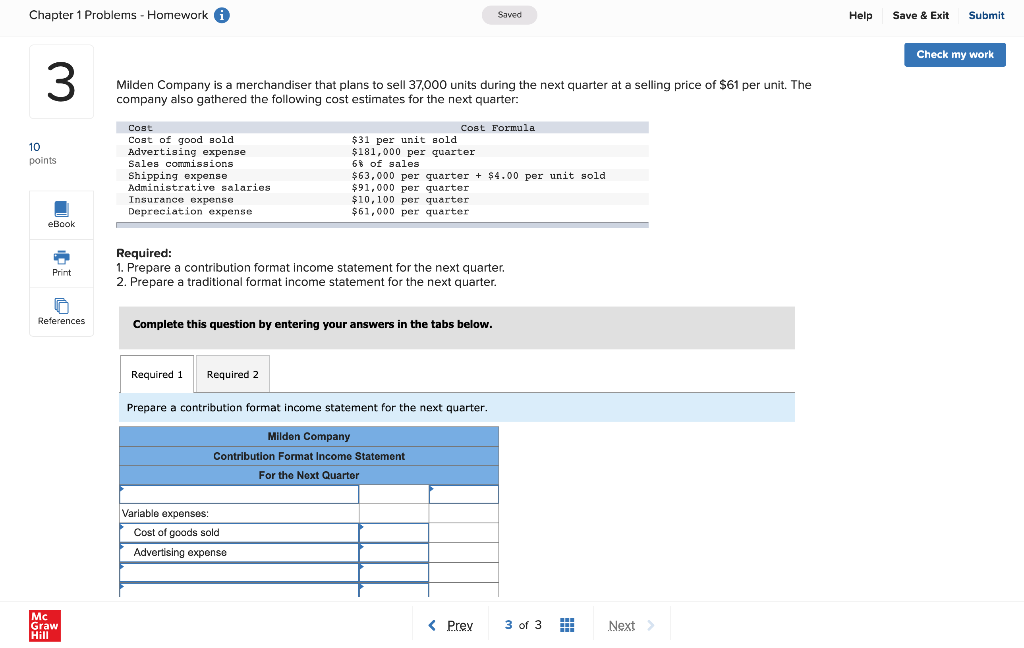 Chapter 1 Problems Homework A Saved Help Save Exit Submit Check My Work 3 Milden Company Is A Merchandiser That Plan 1