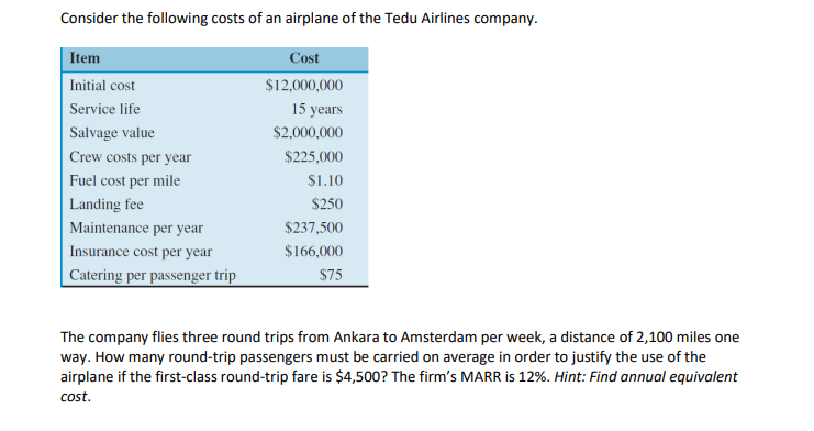 Consider The Following Costs Of An Airplane Of The Tedu Airlines Company Item Initial Cost Service Life Salvage Value C 1