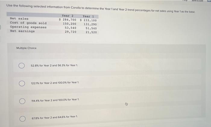 Wer Sut Use The Following Selected Information From Corolla To Determine The Year 1 And Year 2 Trend Percentages For Net 1