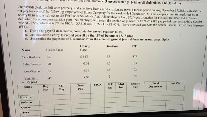 In Uree Amounts 1 Gross Earnings 2 Payroll Deductions And 3 Net Pay The Payroll Clerk Has Left Unexpectedl 1
