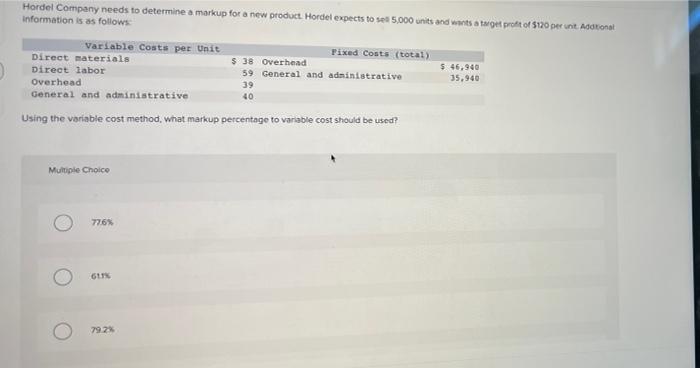 Hordel Company Needs To Determine A Markup For A New Product Hordel Expects To Set 5 000 Units And Wants To Get Profit 1