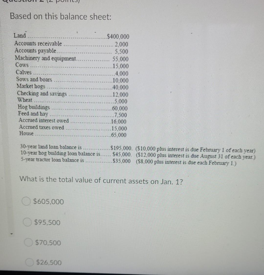 Based On This Balance Sheet Land Accounts Receivable Accounts Payable Machinery And Equipment Cows Calves Sows And Bo 1