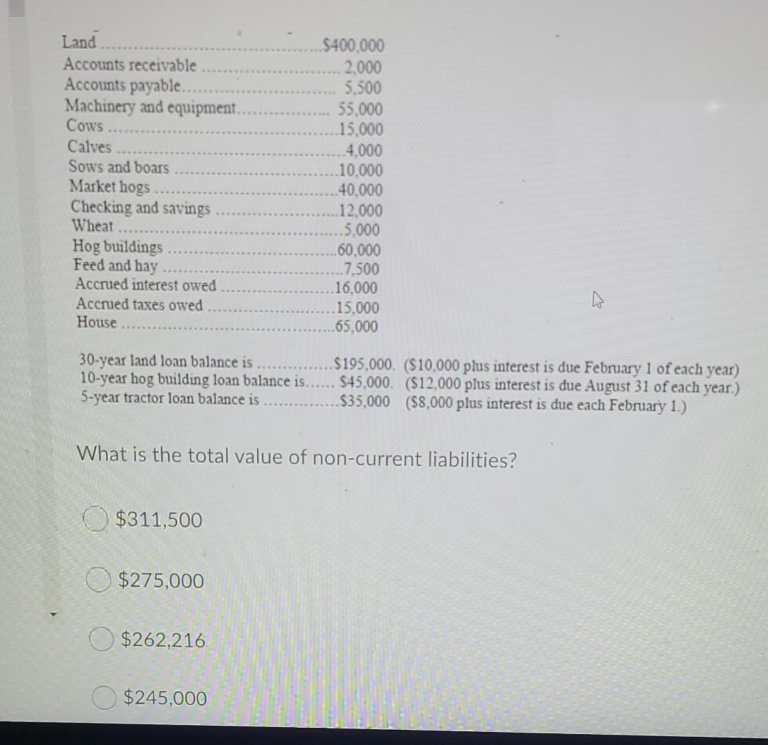 Land Accounts Receivable Accounts Payable Machinery And Equipment Cows Calves Sows And Boars Market Hogs Checking And 1