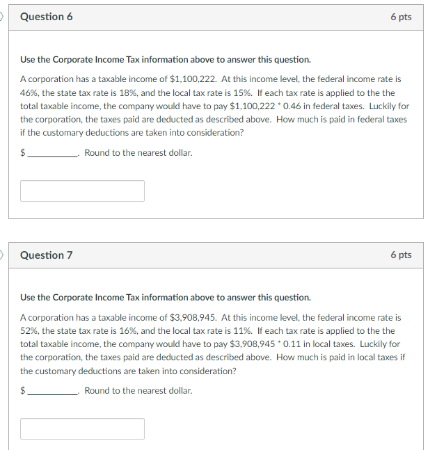 Question 6 6 Pts Use The Corporate Income Tax Information Above To Answer This Question A Corporation Has A Taxable I 1