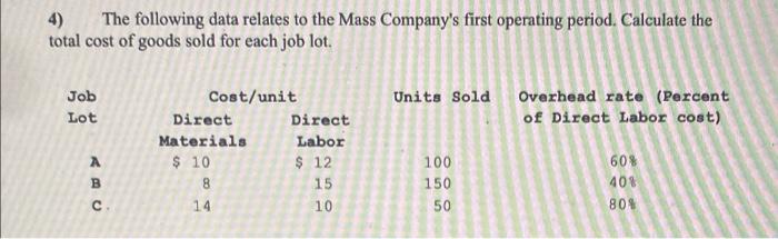 4 The Following Data Relates To The Mass Company S First Operating Period Calculate The Total Cost Of Goods Sold For E 1