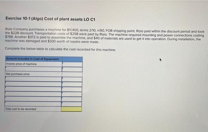 Exercise 10 1 Algo Cost Of Plant Assets Lo C1 Rizio Company Purchases A Machine For 11 400 Terms 2 10 1 60 Fob Shi 1