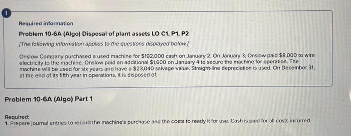 O Required Information Problem 10 6a Algo Disposal Of Plant Assets Lo C1 P1 P2 The Following Information Applies To 1