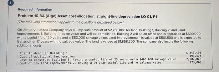Required Information Problem 10 3a Algo Asset Cost Allocation Straight Line Depreciation Lo C1 P1 The Following Inf 1