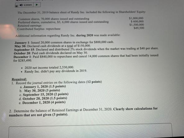 Listen The December 31 2019 Balance Sheet Or Randy Inc Included The Following In Shareholders Equity Common Shares 7 1
