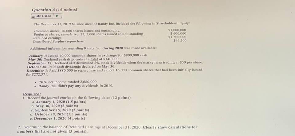 Question 4 15 Points Listen The December 31 2019 Balance Sheet Of Randy Inc Included The Following In Shareholders E 1