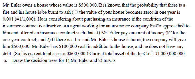 Mr Euler Owns A House Whose Value Is 500 000 It Is Known That The Probability That There Is A Fire And His House Is B 1