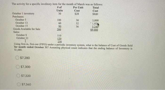 The Activity For A Specific Investory Item Foe The Month Of March Was As Follows Nof Per Unit Total Units Cost Cos Octo 1