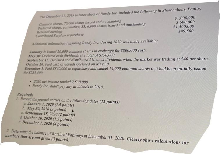 The December 31 2019 Balance Sheet Of Randy Inc Included The Following In Shareholders Equity 1 000 000 Common Shar 1