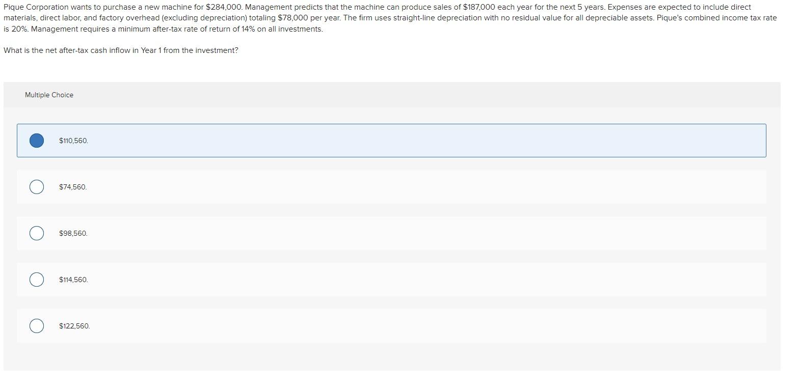 Pique Corporation Wants To Purchase A New Machine For 284 000 Management Predicts That The Machine Can Produce Sales O 1