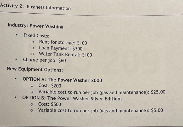 Activity 2 Business Information O O O Industry Power Washing Fixed Costs Rent For Storage 100 Loan Payment 30 1