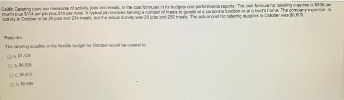 Caitlin Catering Uses Two Measures Of Activity Jobs And Meals In The Cost Formulas In Its Budgets And Performance Repo 1