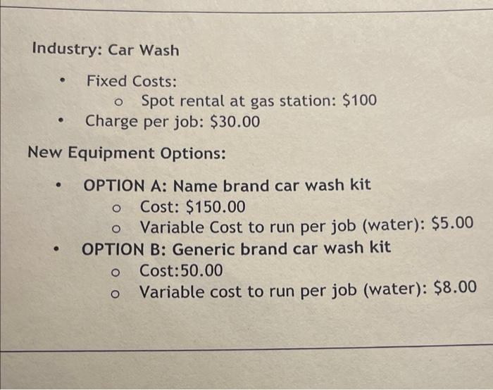 Industry Car Wash Fixed Costs Spot Rental At Gas Station 100 Charge Per Job 30 00 O New Equipment Options O O Opt 1