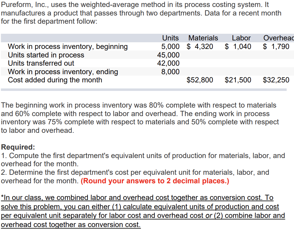 Pureform Inc Uses The Weighted Average Method In Its Process Costing System Manufactures A Product That Passes Throu 1