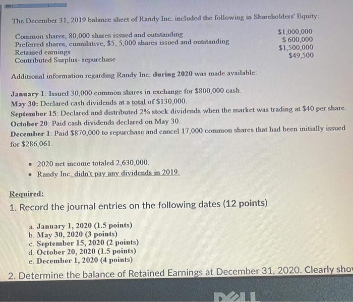 The December 31 2019 Balance Sheet Of Randy Inc Included The Following In Shareholders Equity Common Shares 80 000 S 1