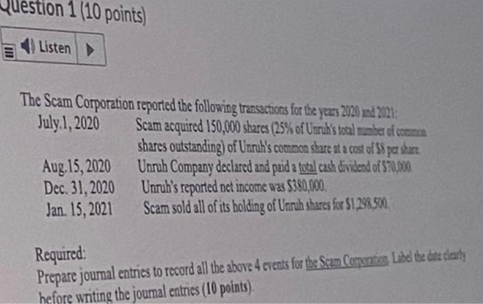 The Scam Corporation Reported The Following Transactions For The Years 2020 And 2021 July 1 2020 Scam Acquired 150 000 1
