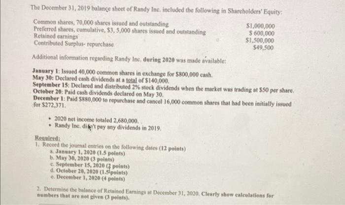 The December 31 2019 Balance Sheet Of Randy Inc Included The Following In Shareholders Equity Common Shares 70 000 1