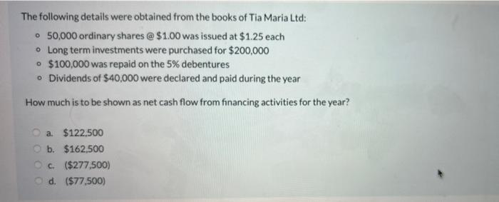 The Following Details Were Obtained From The Books Of Tia Maria Ltd 50 000 Ordinary Shares 1 00 Was Issued At 1 2 1