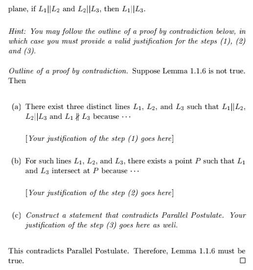 3 Prove Lemma 1 1 6 For Any Three Distinct Lines L1 L2 And I Plane If L1 L2 And L2 L3 Then L1 L3 Hint You M 2