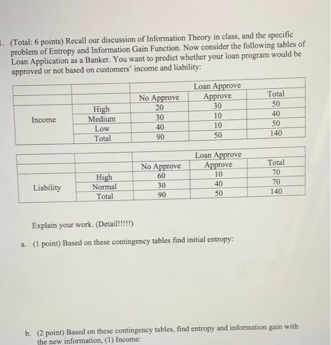 1 Total 6 Points Recall Our Discussion Of Information Theory In Class And The Specific Problem Of Entropy And Infor 1