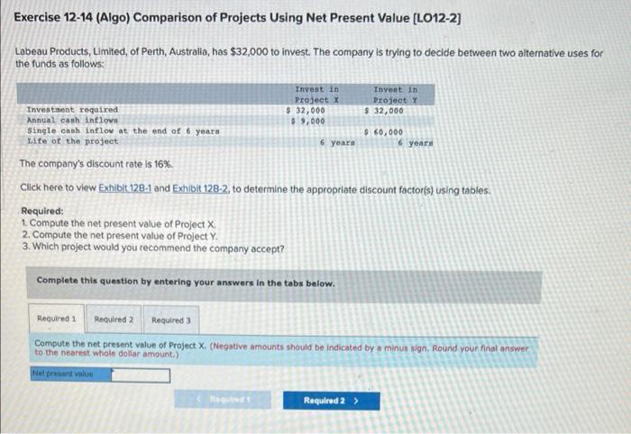 Exercise 12 14 Algo Comparison Of Projects Using Net Present Value L012 2 Labeau Products Limited Of Perth Austral 2