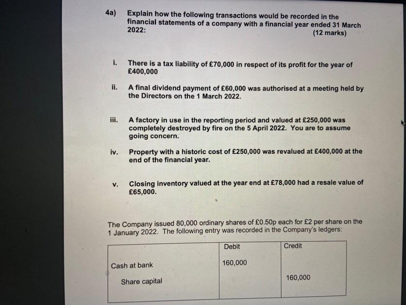 4a Explain How The Following Transactions Would Be Recorded In The Financial Statements Of A Company With A Financial 1