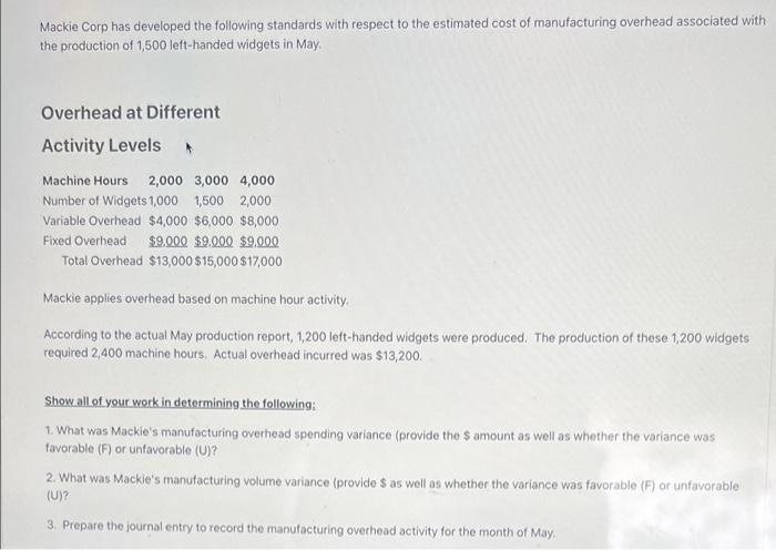 Mackie Corp Has Developed The Following Standards With Respect To The Estimated Cost Of Manufacturing Overhead Associate 1