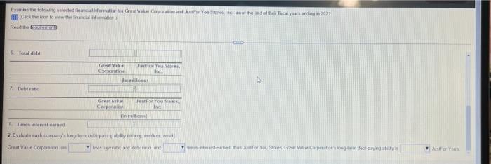 Examine The Following Selected Financial Information For Great Value Corporation And Just For You Stores Inc As Of Th 3
