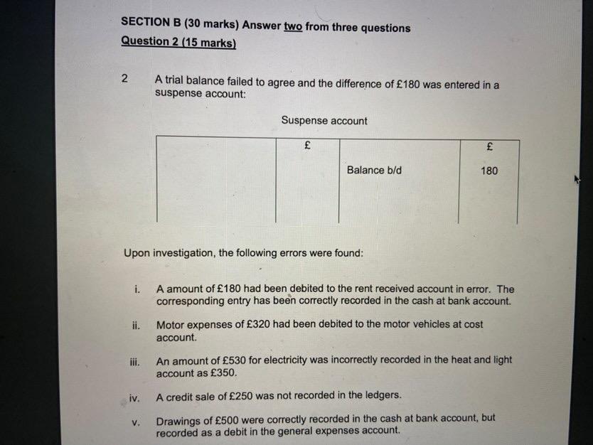 Section B 30 Marks Answer Two From Three Questions Question 2 15 Marks 2 A Trial Balance Failed To Agree And The Dif 1