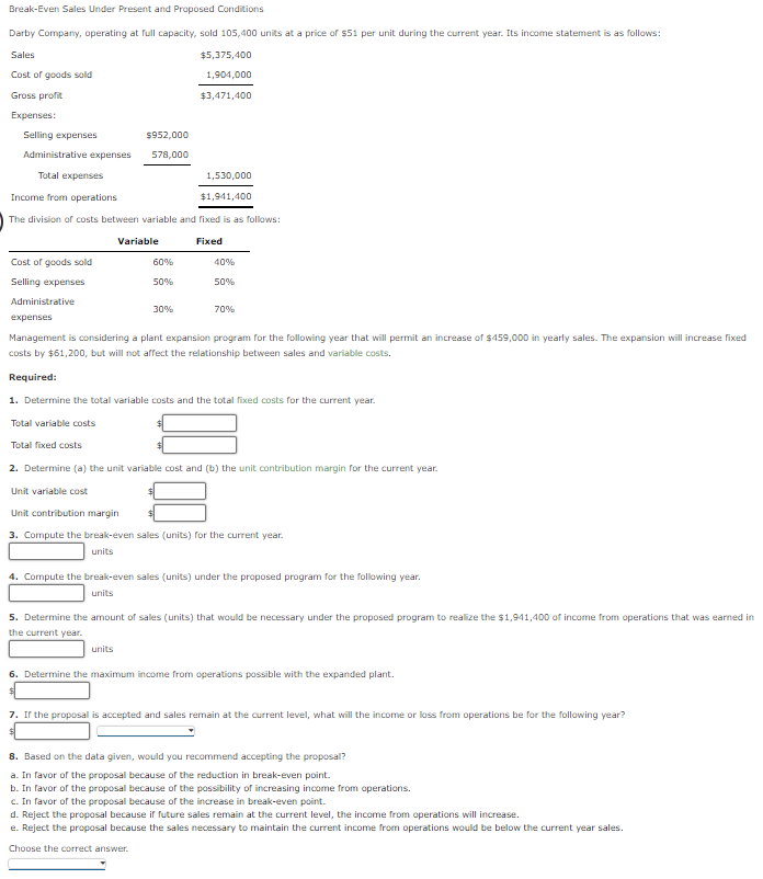 Break Even Sales Under Present And Proposed Conditions Darby Company Operating At Full Capacity Sold 105 400 Units At 1