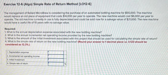 Exercise 12 6 Algo Simple Rate Of Return Method L012 6 The Management Of Ballard Microbrew Is Considering The Purcha 1