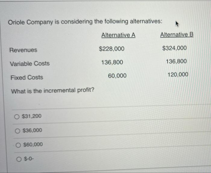 Oriole Company Is Considering The Following Alternatives Alternative A Alternative B Revenues 228 000 324 000 Variabl 1