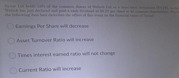 Systat Ltd Holds 18 Of The Common Shares Of Welsch Ltd As A Short Term Investment Fv Tpl Metho Welsch Has Just Declare 1