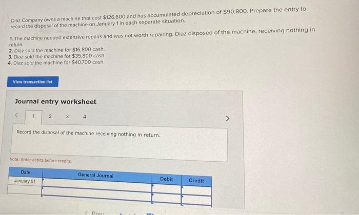 Diaz Company Owns A Machine That Cost 126 600 And Has Accumulated Depreciation Of 90 800 Prepare The Entry To Record 1
