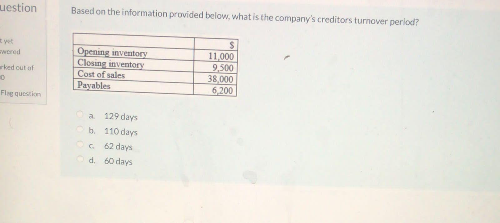 Muestion Based On The Information Provided Below What Is The Company S Creditors Turnover Period T Yet Swered Arked Ou 1