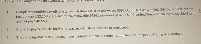 At Harmon Company The Following Activitie 1 Completed Monthly Payroll Register Which Shows Salaries And Wages 58 000 1
