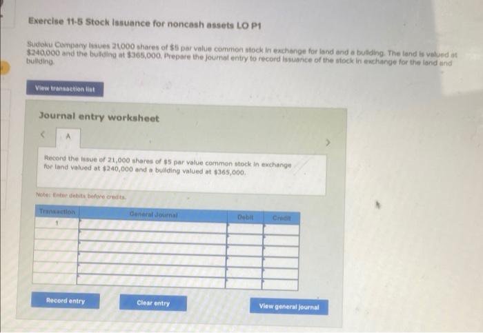 Exercise 11 5 Stock Issuance For Noncash Assets Lo P1 Sudoku Company Issues 24000 Shares Of 5 Par Value Common Stock In 1