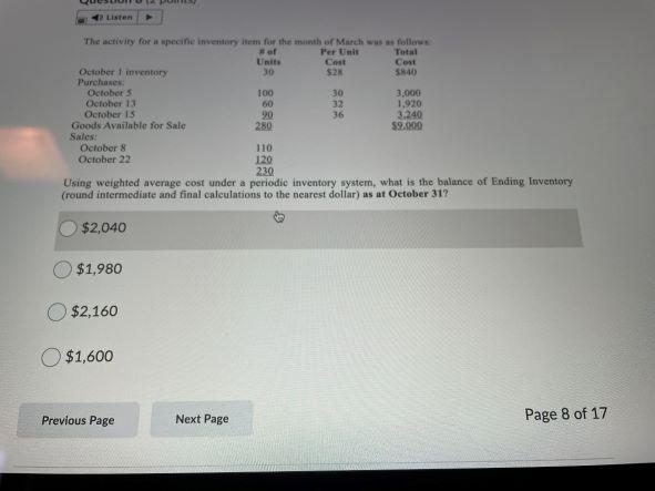 Listen The Activity For A Specie Inventory Item For The Month Of March Was Follow Of Per Unit Total Units Cost Cost Octo 1