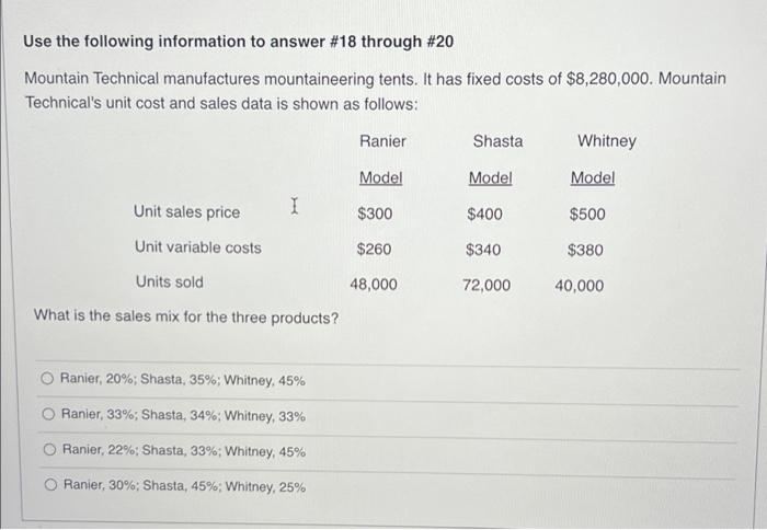 Use The Following Information To Answer 18 Through 20 Mountain Technical Manufactures Mountaineering Tents It Has Fix 1