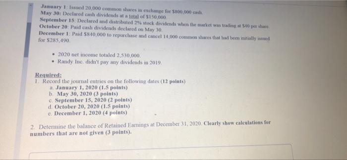 The December 31 2019 Balance Sheet Of Randy Inc Included The Following In Shareholders Equity Common Shares 70 000 2