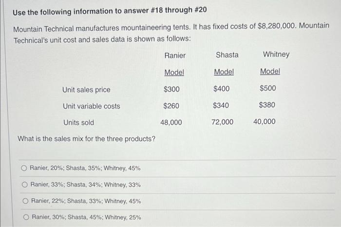 Use The Following Information To Answer 18 Through 20 Mountain Technical Manufactures Mountaineering Tents It Has Fix 1