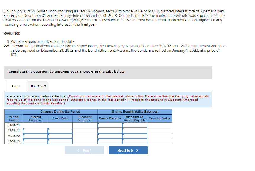 On January 1 2021 Surreal Manufacturing Issued 590 Bonds Each With A Face Value Of 1 000 A Stated Interest Rate Of 1
