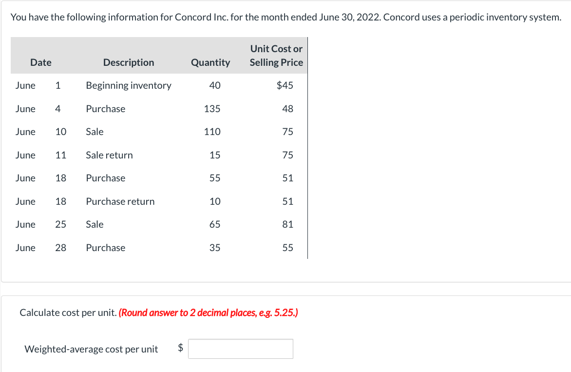 You Have The Following Information For Concord Inc For The Month Ended June 30 2022 Concord Uses A Periodic Inventory 1