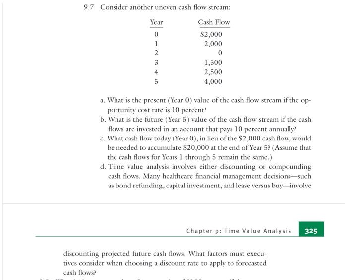 9 7 Consider Another Uneven Cash Flow Stream Year Cash Flow 0 2 000 1 2 000 2 0 3 1 500 4 2 500 5 4 000 A What Is The 1