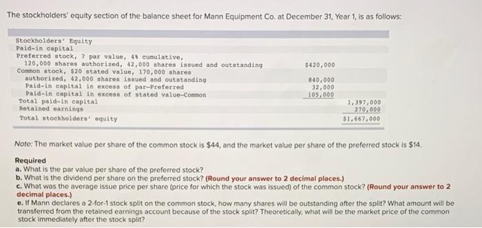 The Stockholders Equity Section Of The Balance Sheet For Mann Equipment Co At December 31 Year 1 Is As Follows 420 1