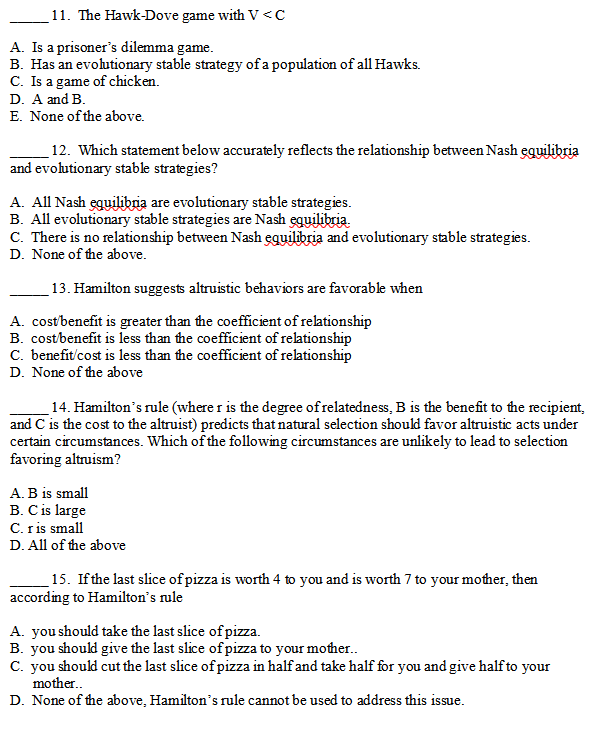 11 The Hawk Dove Game With V C A Is A Prisoner S Dilemma Game B Has An Evolutionary Stable Strategy Of A Population 1